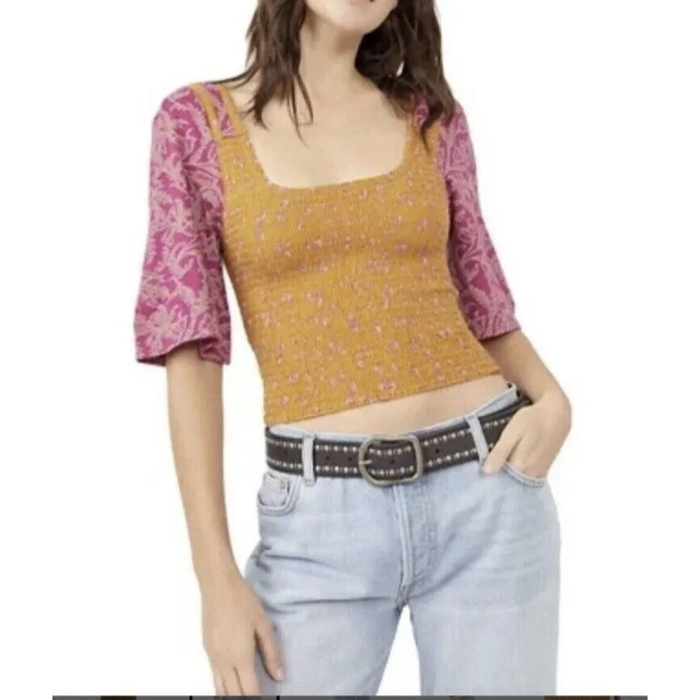Free People Two-Tone Mustard and Pink Floral Puff-Sleeve Square Neck Top